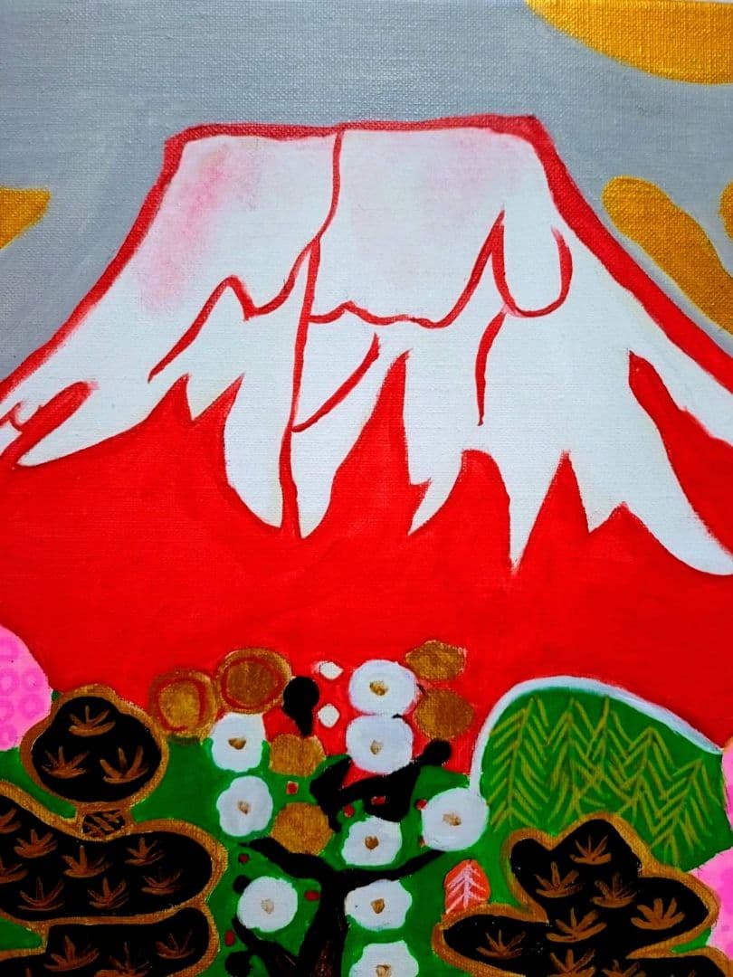 F6号】片岡球子【花咲く富士】手描き作品/サイン有/油彩/アクリル/額縁