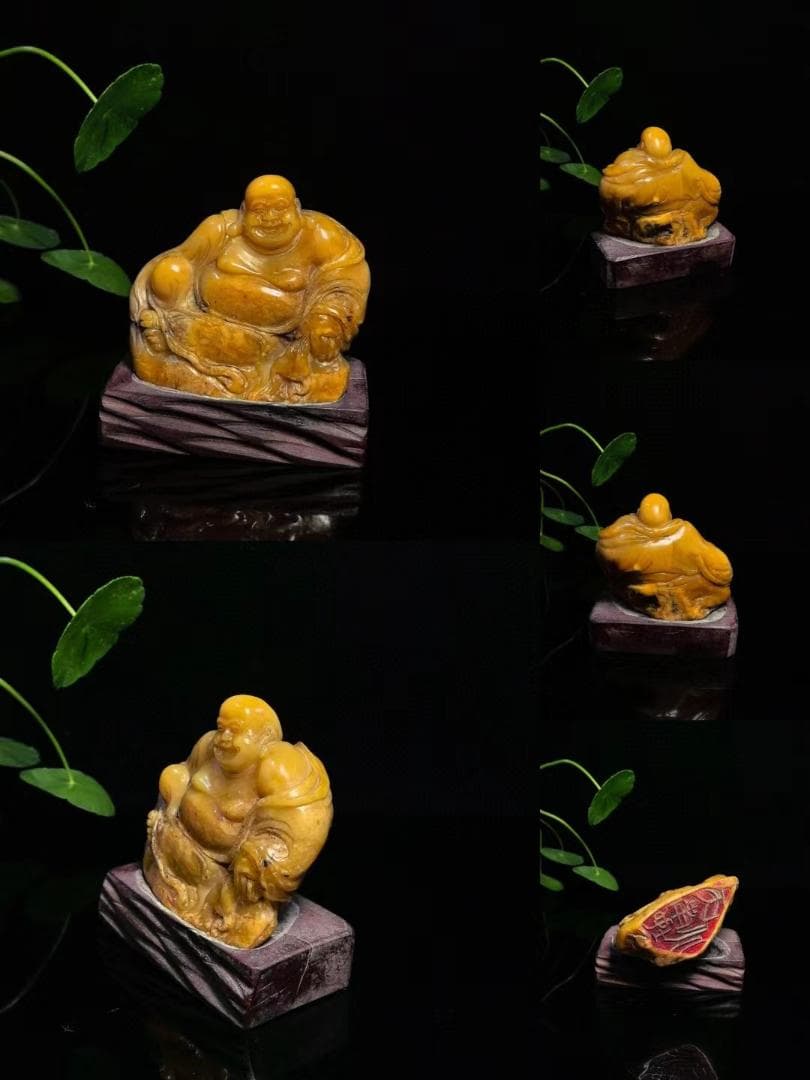 中国古美術・弥勒仏の印鑑・寿山石の金田黄石印章・置物・純手彫り・風水