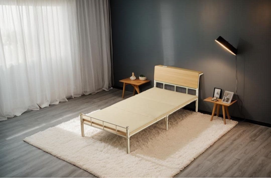 【新品】シングルベッドフレーム 木製ヘッドボード、マットレス付き
