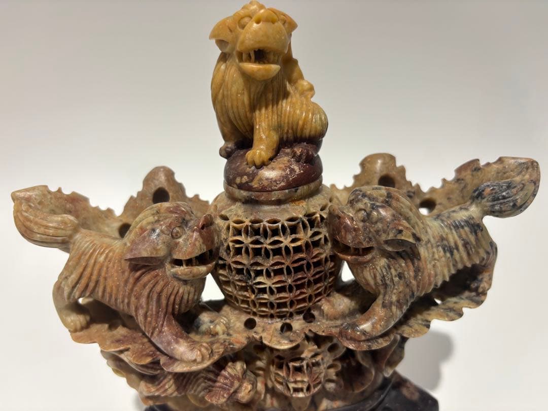 中国/獅子香炉/三頭の獅子/精密技工 /香炉（977）