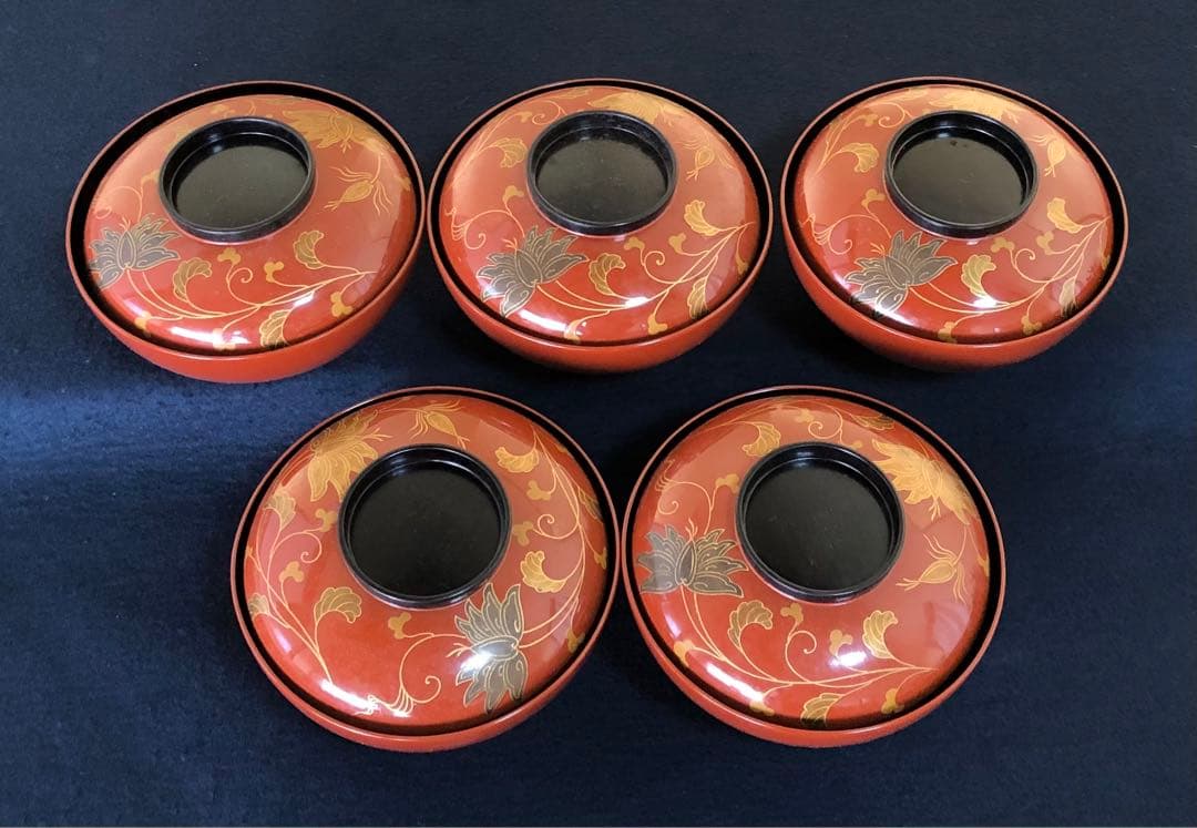 《R》輪島塗 古代朱塗 法想華蒔絵 煮物椀5客 木製漆器 木箱 251218か1