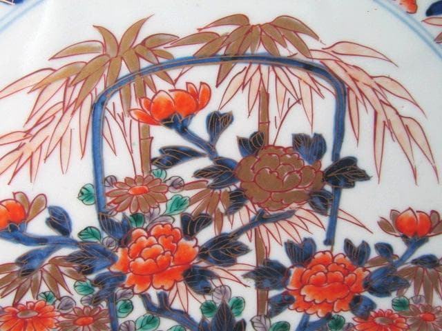 古伊万里大皿　金彩色絵　櫻花尽　見込花篭 鷺　冨貴長春 径46cm 江戸後期