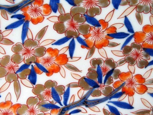 古伊万里大皿　金彩色絵　櫻花尽　見込花篭 鷺　冨貴長春 径46cm 江戸後期