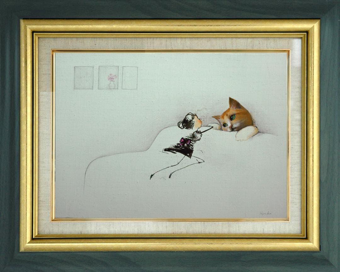 油絵 菅家令子 絵 絵画 インテリア額付(銀) F4-090518 子猫と女の子