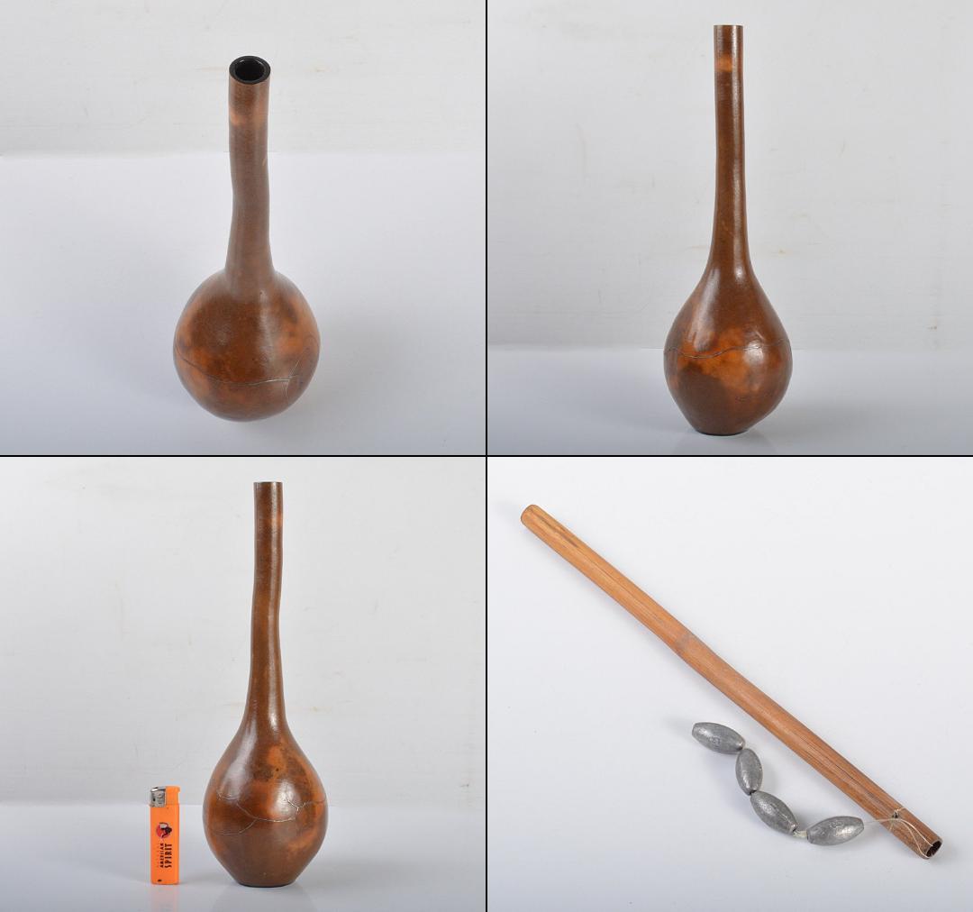 時代　瓢花入れ　瓢鶴首花生　銀蒔絵修繕枝文様　在銘　共箱 C　R4206