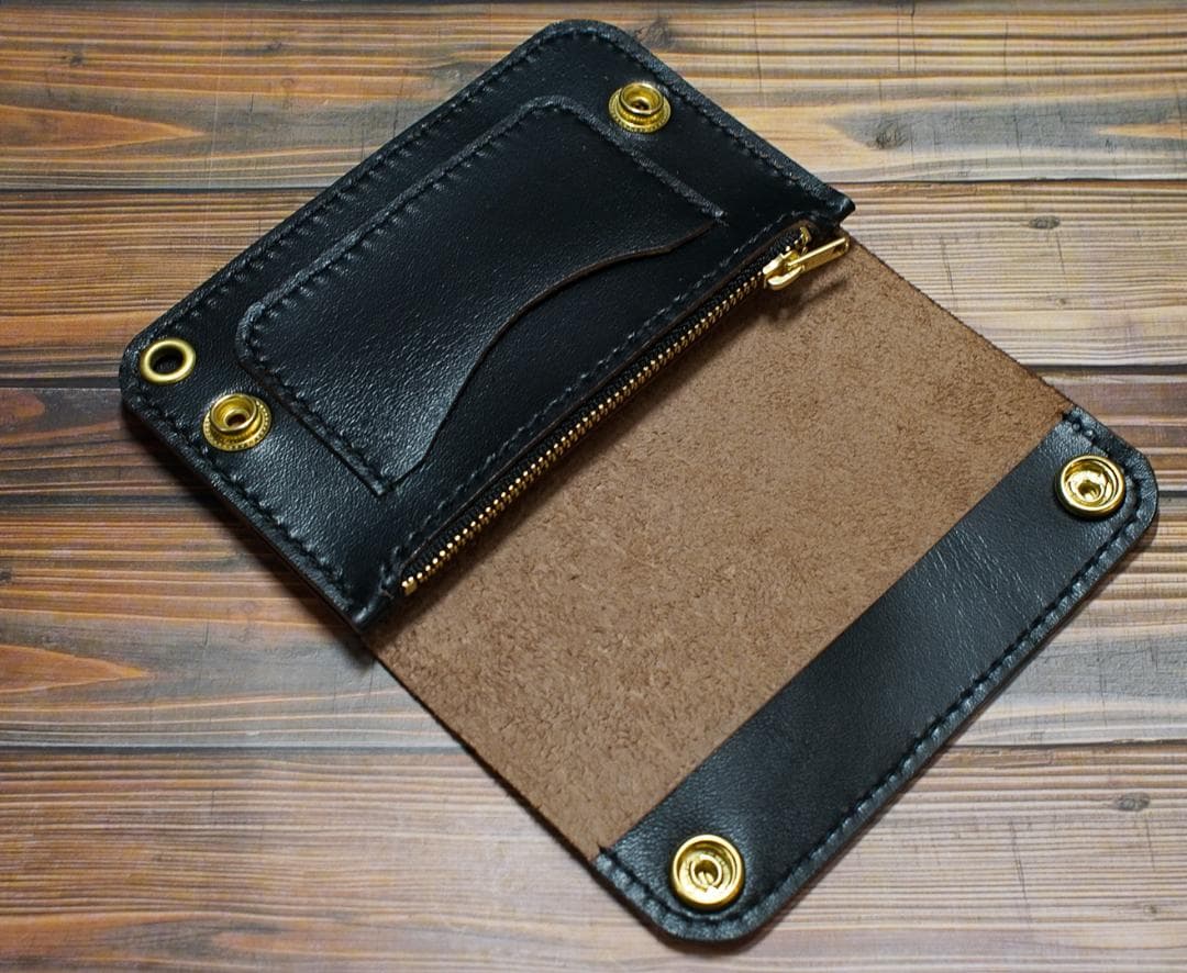 ミドルトラッカーウォレット　三層　馬革 茶芯ブラック　真鍮 トラッカーウォレット