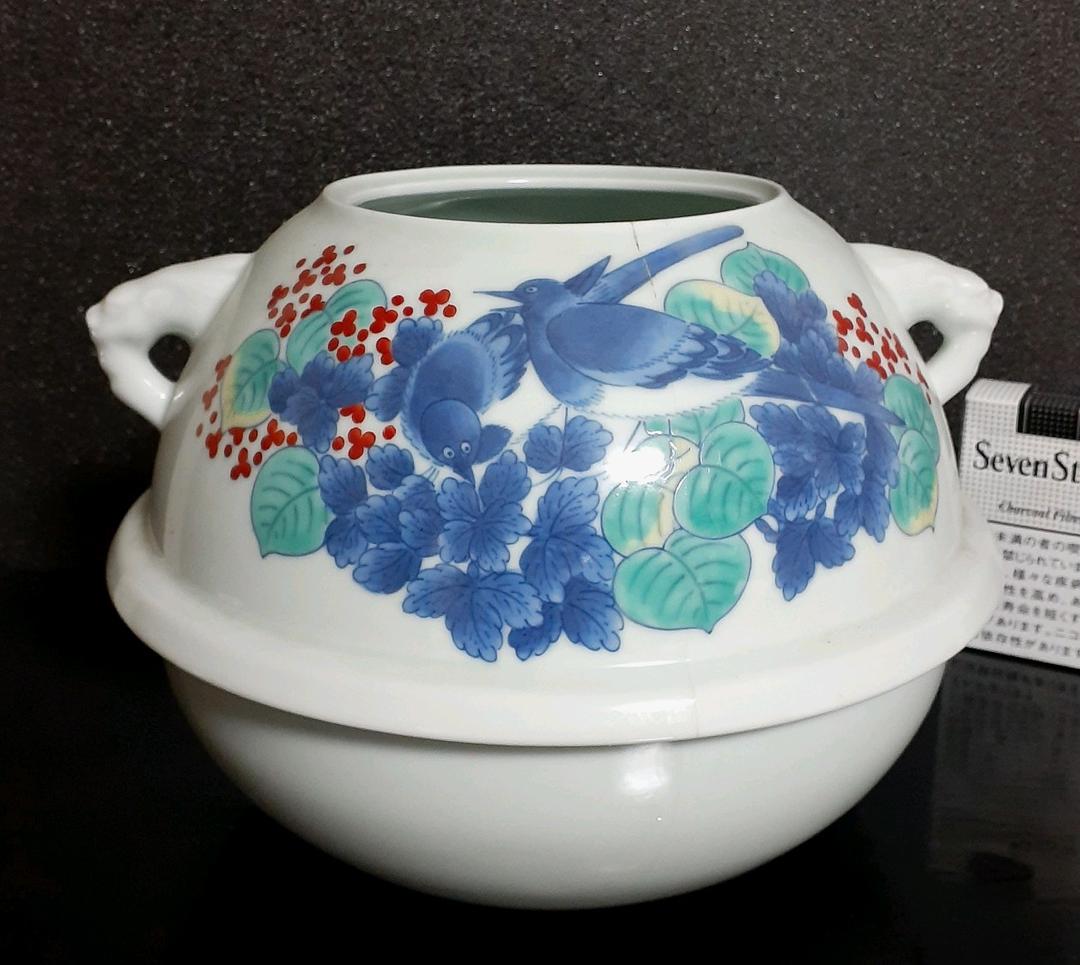 本物保証】江戸時代中期盛期色鍋島鶺鴒(せきれい)図鬼面茶釜花入官窯