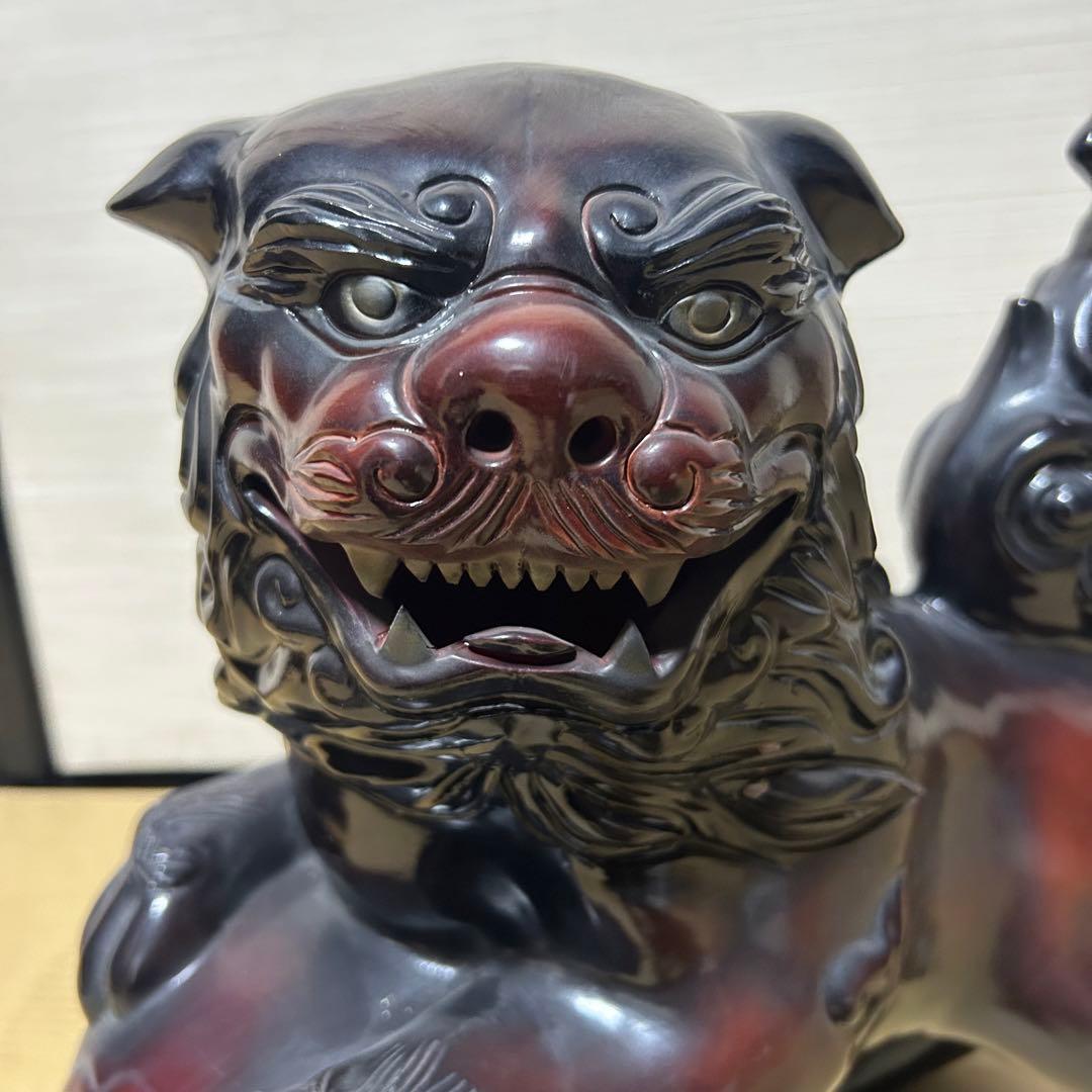 大迫力 32cm 玉乗り獅子 縁起 獅子 シーサー 陶器 骨董 魔除け