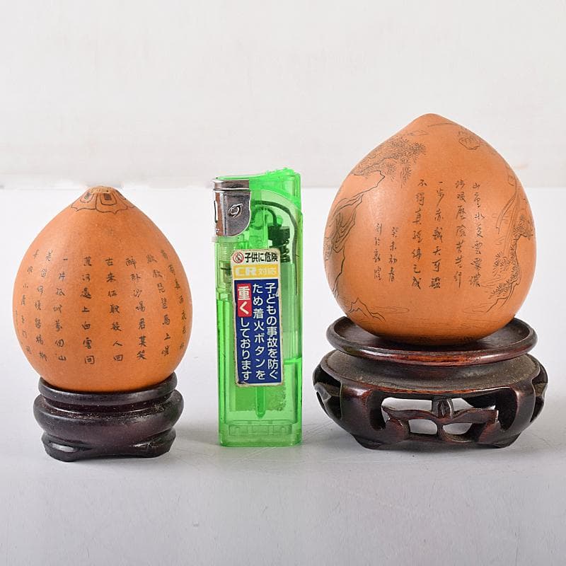 中国 漢詩西遊記刻 漢詩天女刻 丸瓢箪 唐木台付 2点 V R7974 美術品