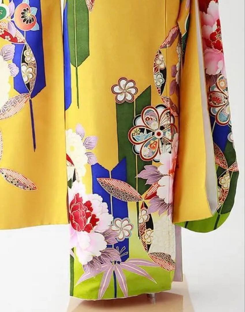 振袖 身長158-173cm 黄 矢絣 牡丹 松竹梅 正絹 レディース