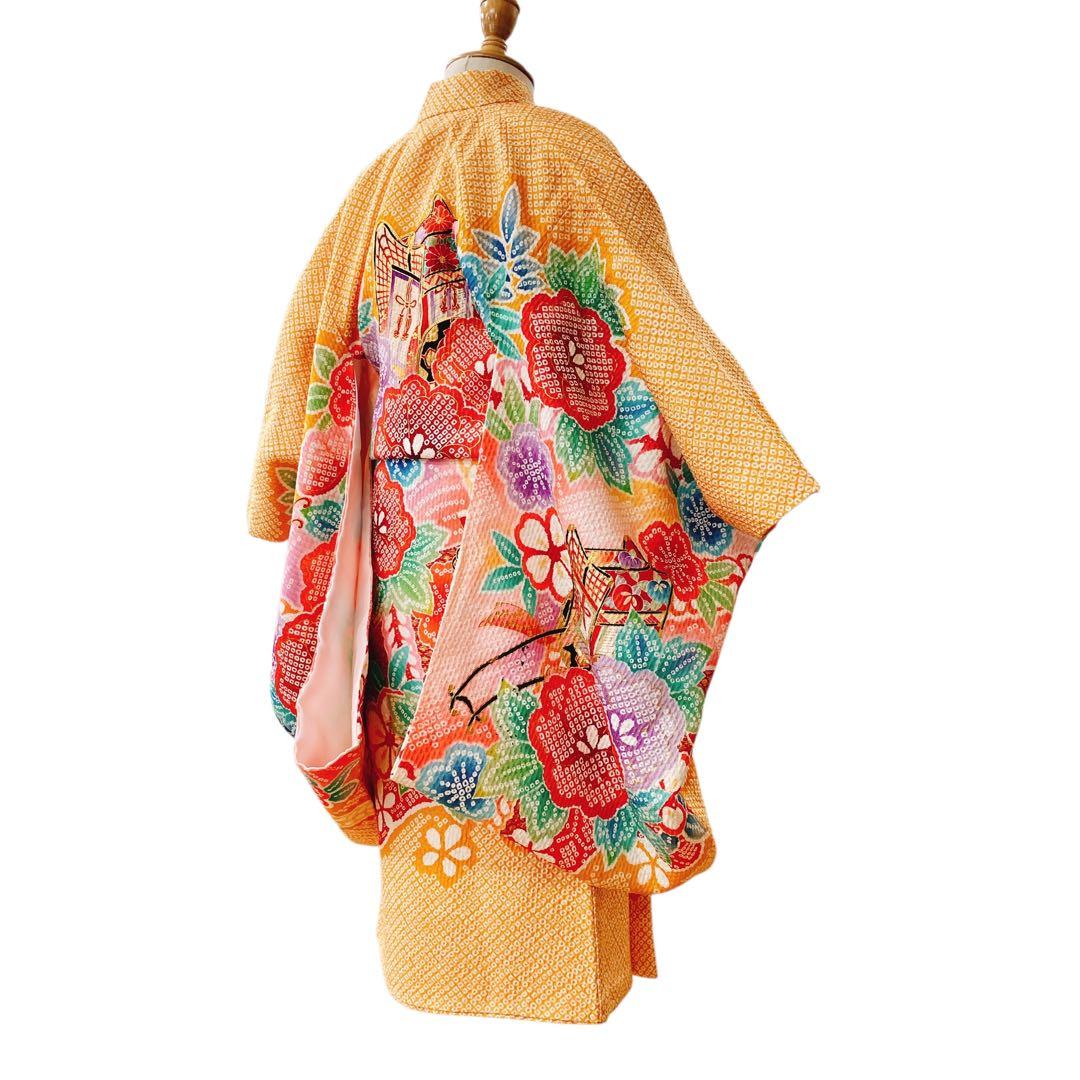 ◎mk-1908　七五三　振袖　着物　女の子　御祝い着　エンボス加工　10-15