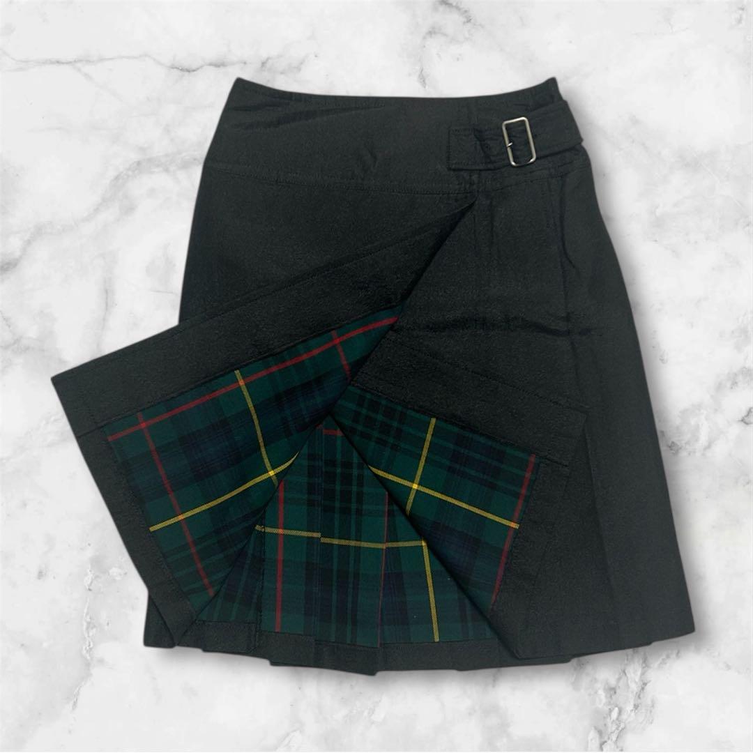 [o]オールシーズン膝丈　 チェック 変形プリーツスカート　S