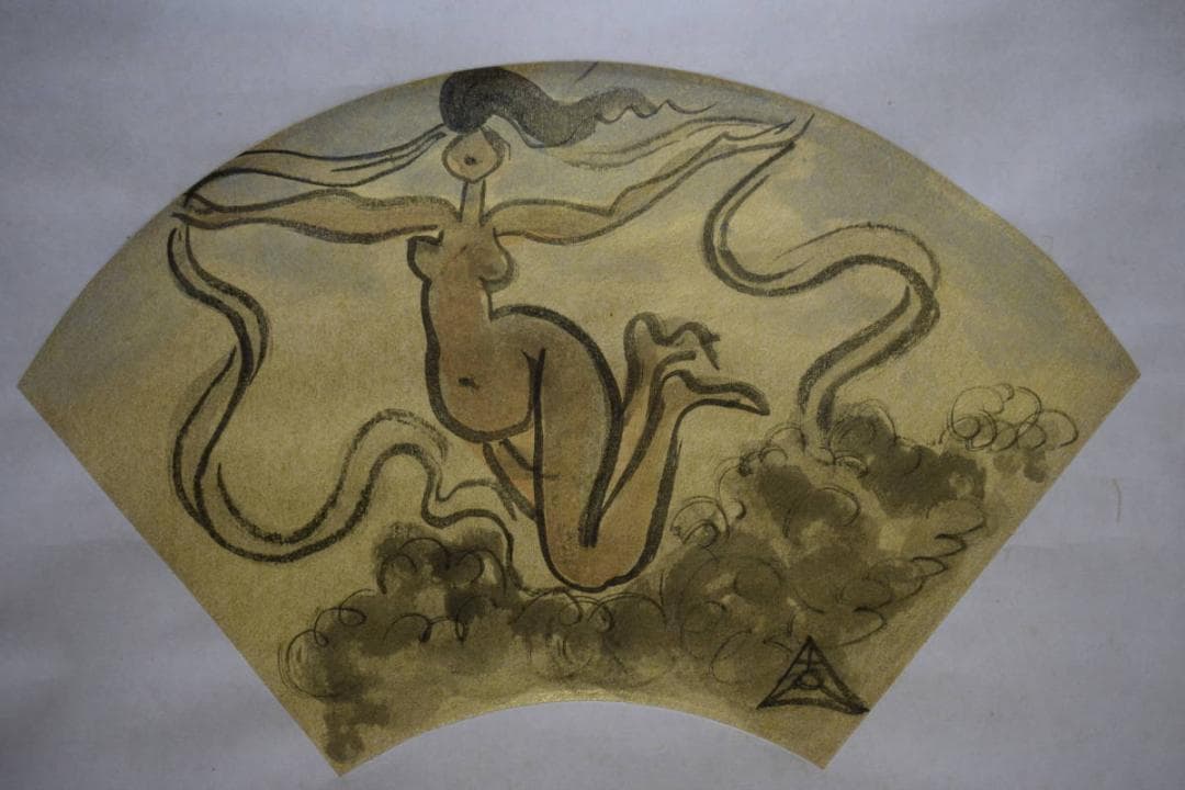 真作/木内克/飛天/天女図/扇面/桐共箱付/布袋屋掛軸HE-605