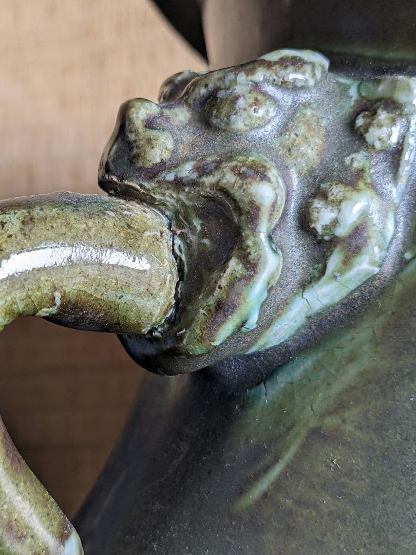 ♦中国陶磁 海鼠釉？辰砂 神獣飾り双耳 尊形花瓶 壺 瓶 古玩 古美術 骨董品