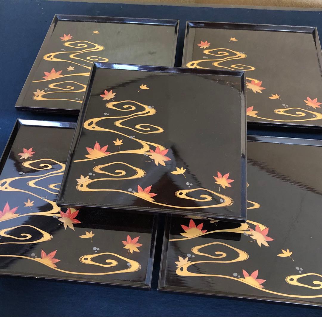 黒塗 流水紅葉蒔絵 脚付膳 四方膳10客 木製漆器 木箱　250725F1❗️割引