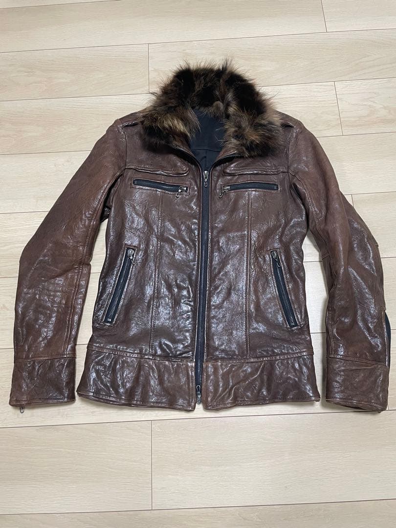 SHELLAC シェラック ラムレザーレザーライダースジャケット 46 ファー付
