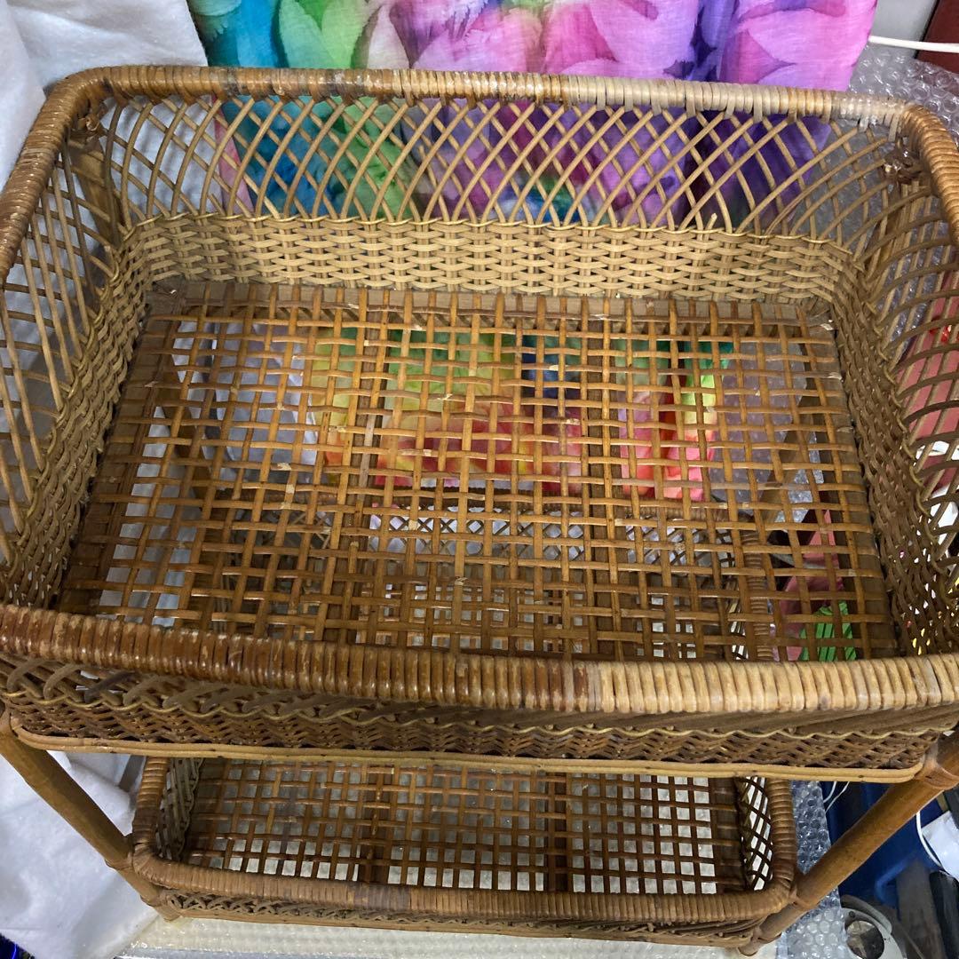 籐 ラタン 2段 ランドリーラック 脱衣かご 脱衣籠 古家具 レトロ家具