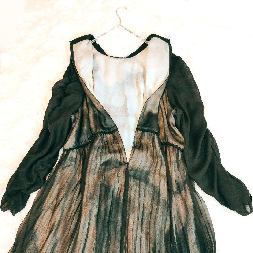 美品☆ カラルス プリント重ねシフォンプリーツデザイン ロング丈 ワンピース