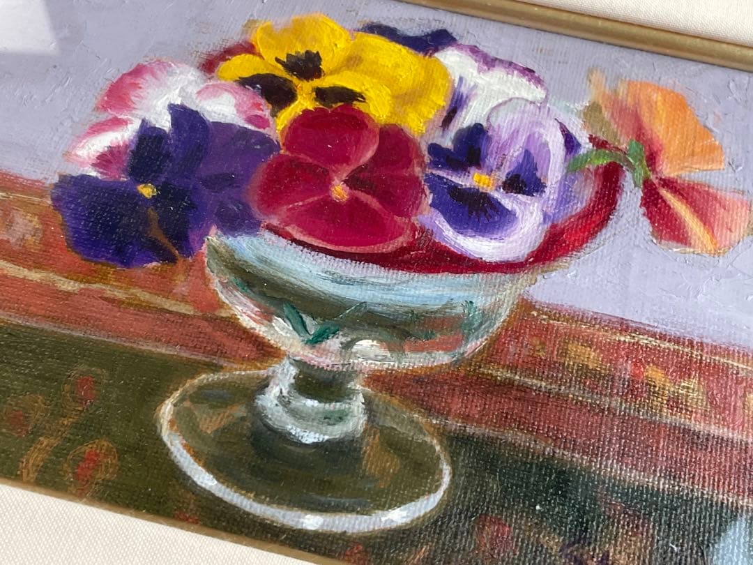 村田省蔵　パンジー　油彩画　油絵　額入　2013年　共シール　サムホール