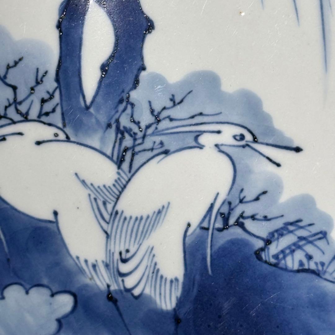 藍柿右衛門　渦福　染付白鷺図蛸唐草文様大皿　直径33cm　扇子　窓絵