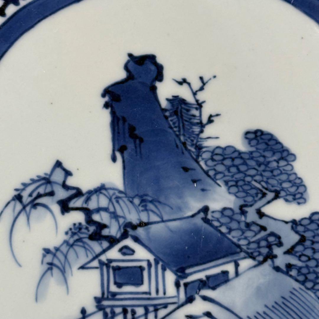 藍柿右衛門　渦福　染付白鷺図蛸唐草文様大皿　直径33cm　扇子　窓絵