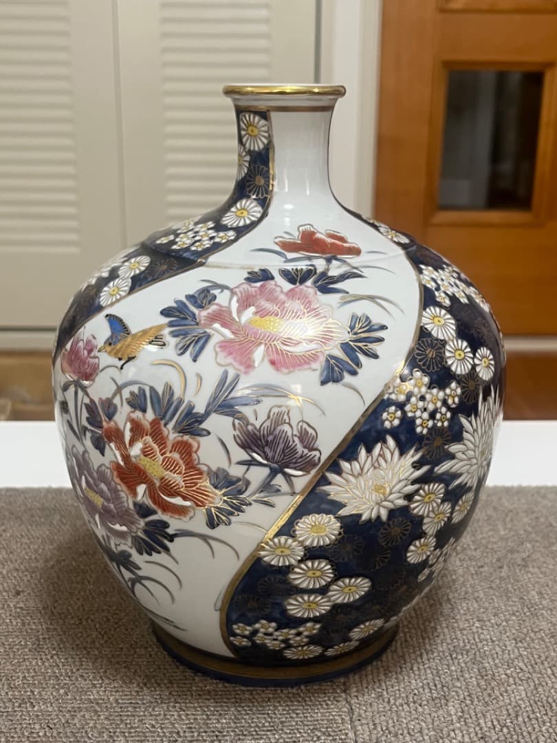 九谷星昭 壺 花瓶　陶芸 色絵陶磁器 金彩 花鳥文