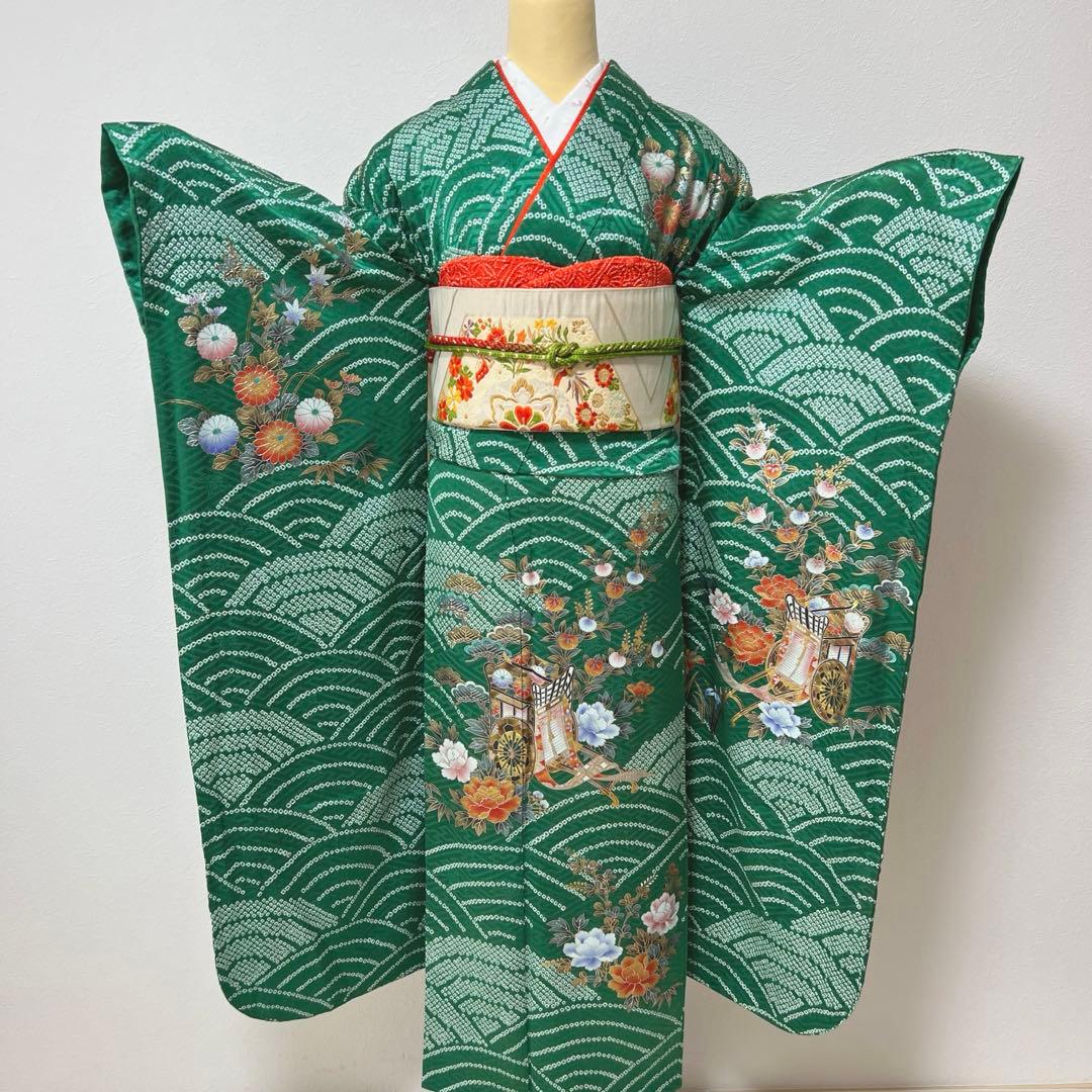 369 振袖フルセット 正絹 緑 橙 グリーン 絞り 金銀彩 古典 レトロ