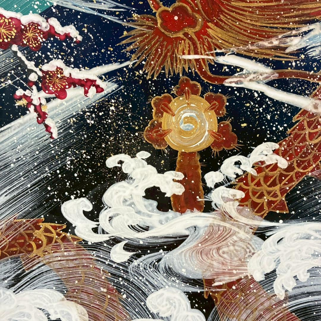 美品 あいはら友子「富士に朱龍」肉筆画 日本画 8号 縁起物 開運 富士山 金襴