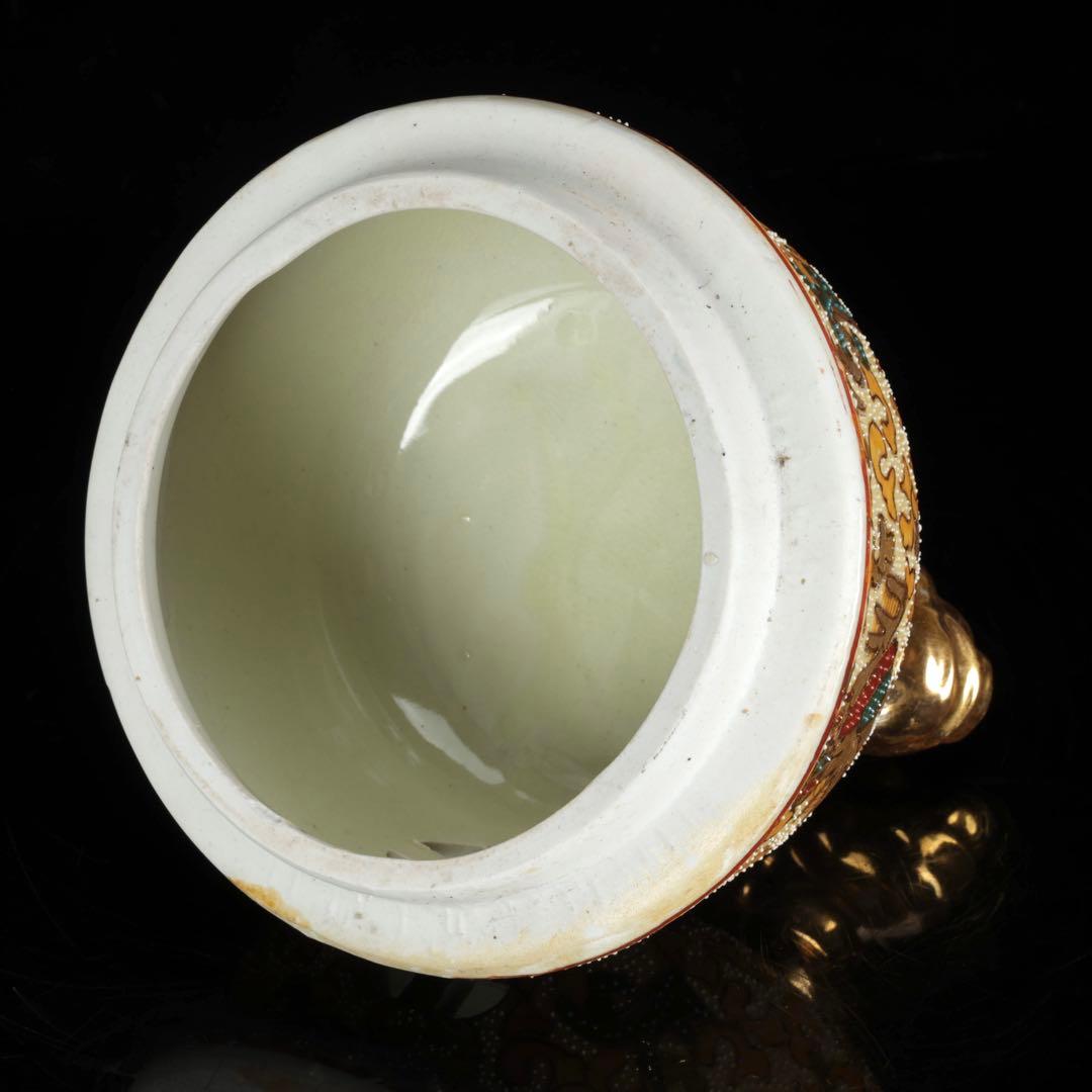 薩摩焼 金襴手色絵金彩 着物美人唐子風景窓絵付 獅子耳大香炉 高