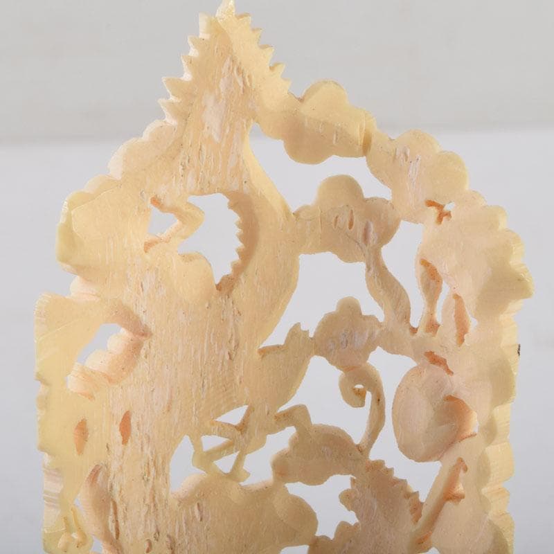 中国 獣骨製 雲龍透かし彫 硯屏 置物 唐木台付 N 9110