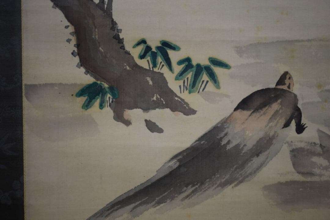 真作/田能村直入/鶴亀画賛/絹表装/田能村小篁の桐極箱付/布袋屋掛軸HG-244