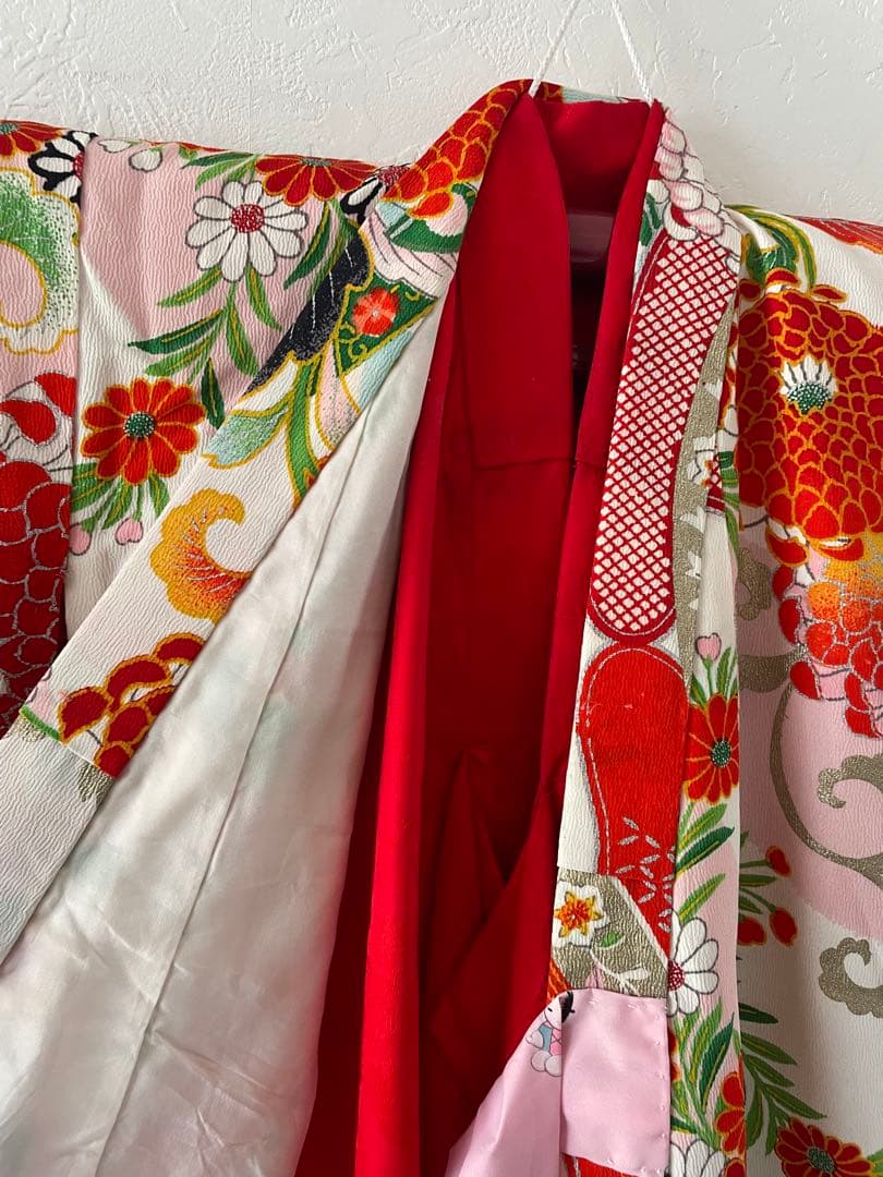 七五三　３歳　アンティークお着物　ハンドメイド　総絞りの被布コーデセット