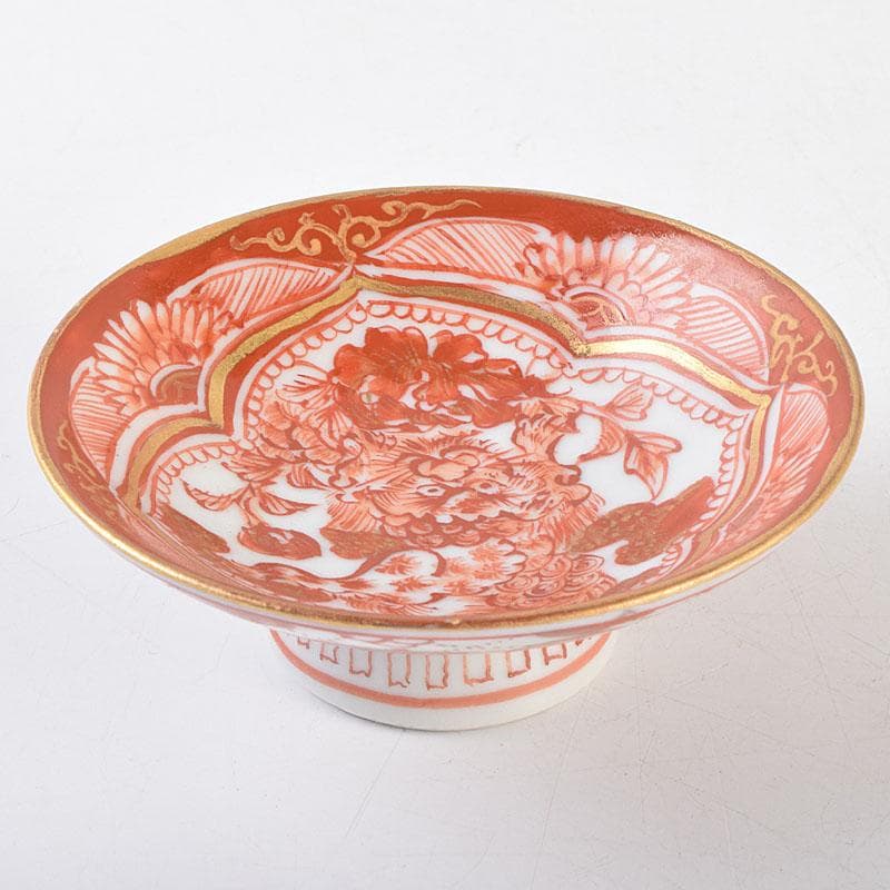 九谷焼　九谷八郎手　赤絵　神獣文　盃　ぐい呑　時代箱　M　R9174