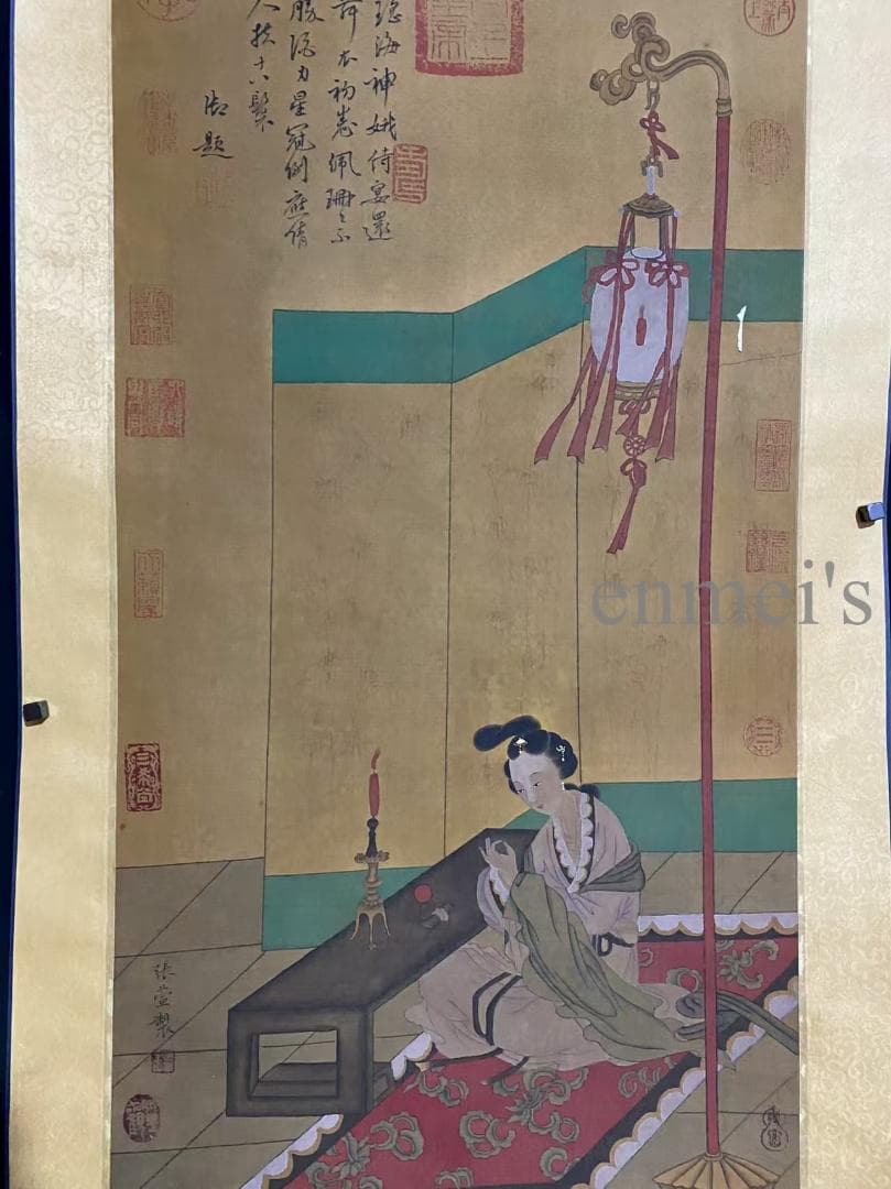 中国古美術 唐代 張萱款 青と金色の女性と提灯の