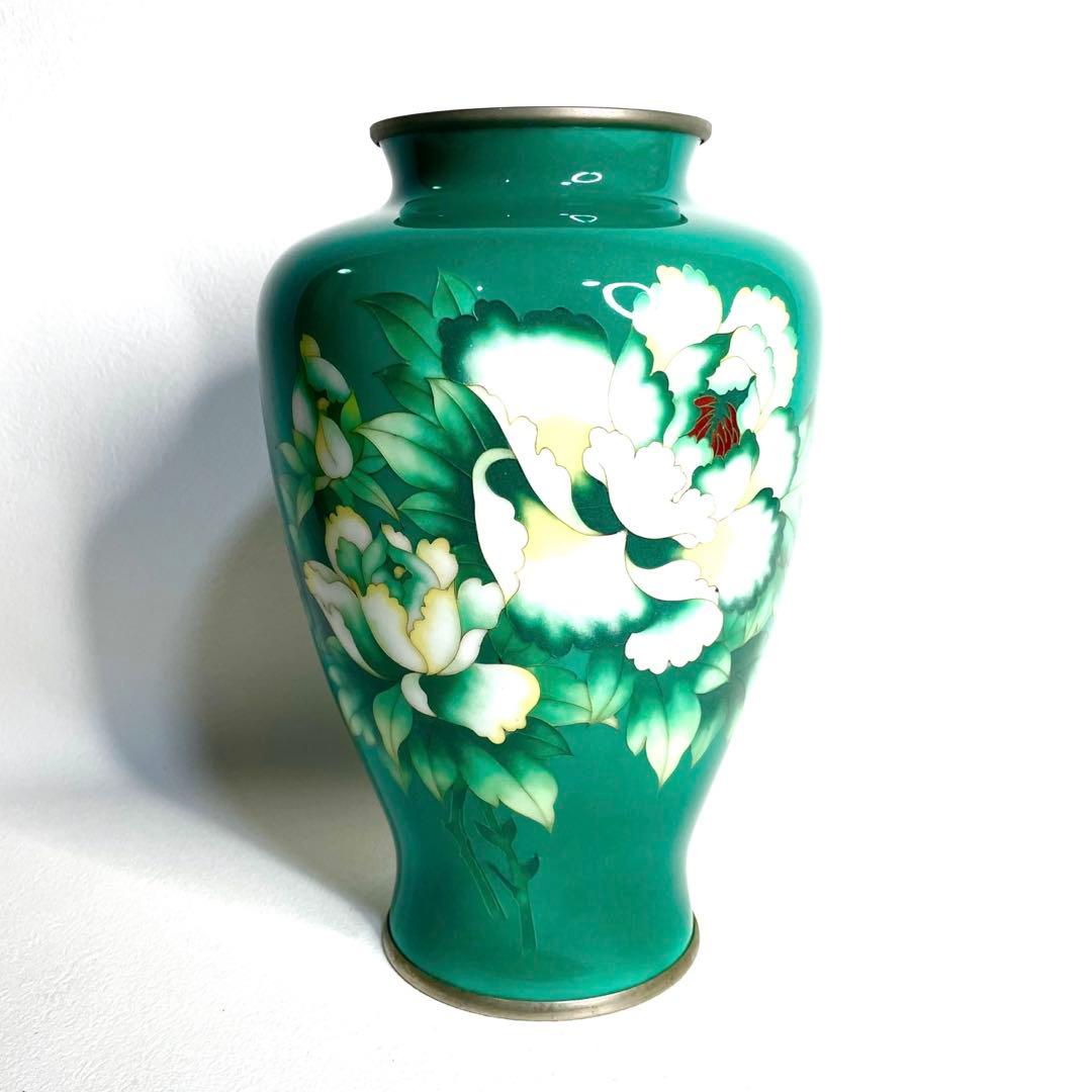 美術七宝焼』 花瓶 緑牡丹 壺 陶磁器 花柄