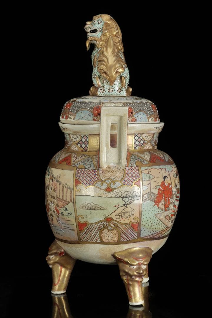 薩摩焼 金襴手金彩色絵 武者人物図 獅子摘三足大香炉 62㎝ 共箱 古美術 骨董