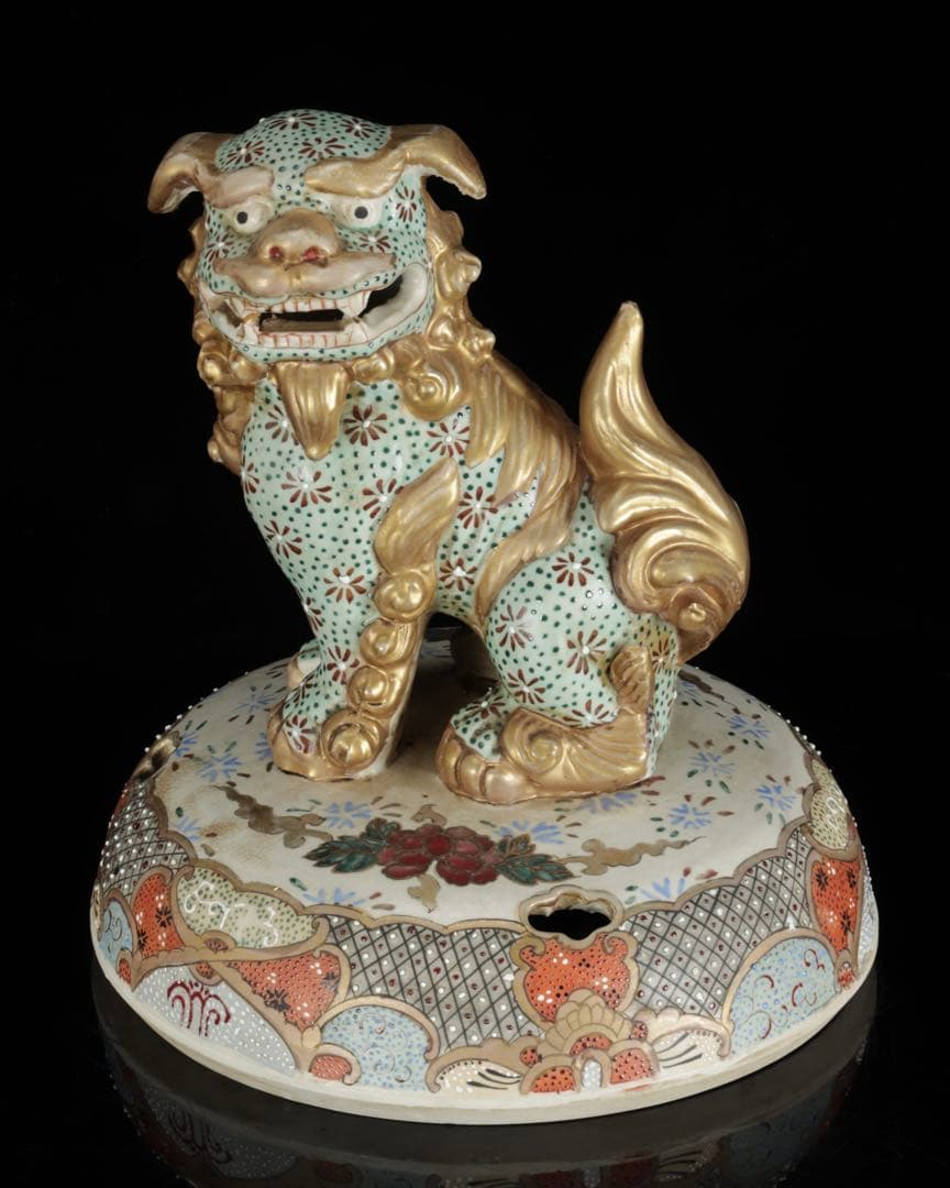 薩摩焼 金襴手金彩色絵 武者人物図 獅子摘三足大香炉 62㎝ 共箱 古美術 骨董