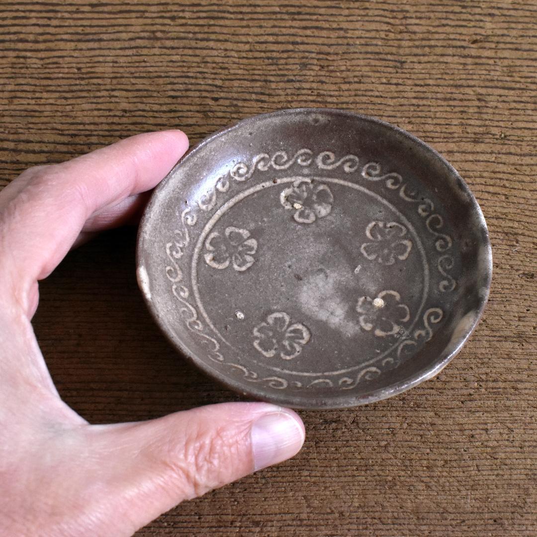 江戸 八代焼 古高田 三島象嵌盃 小皿 / 肥後 熊本 酒器 古陶器 古