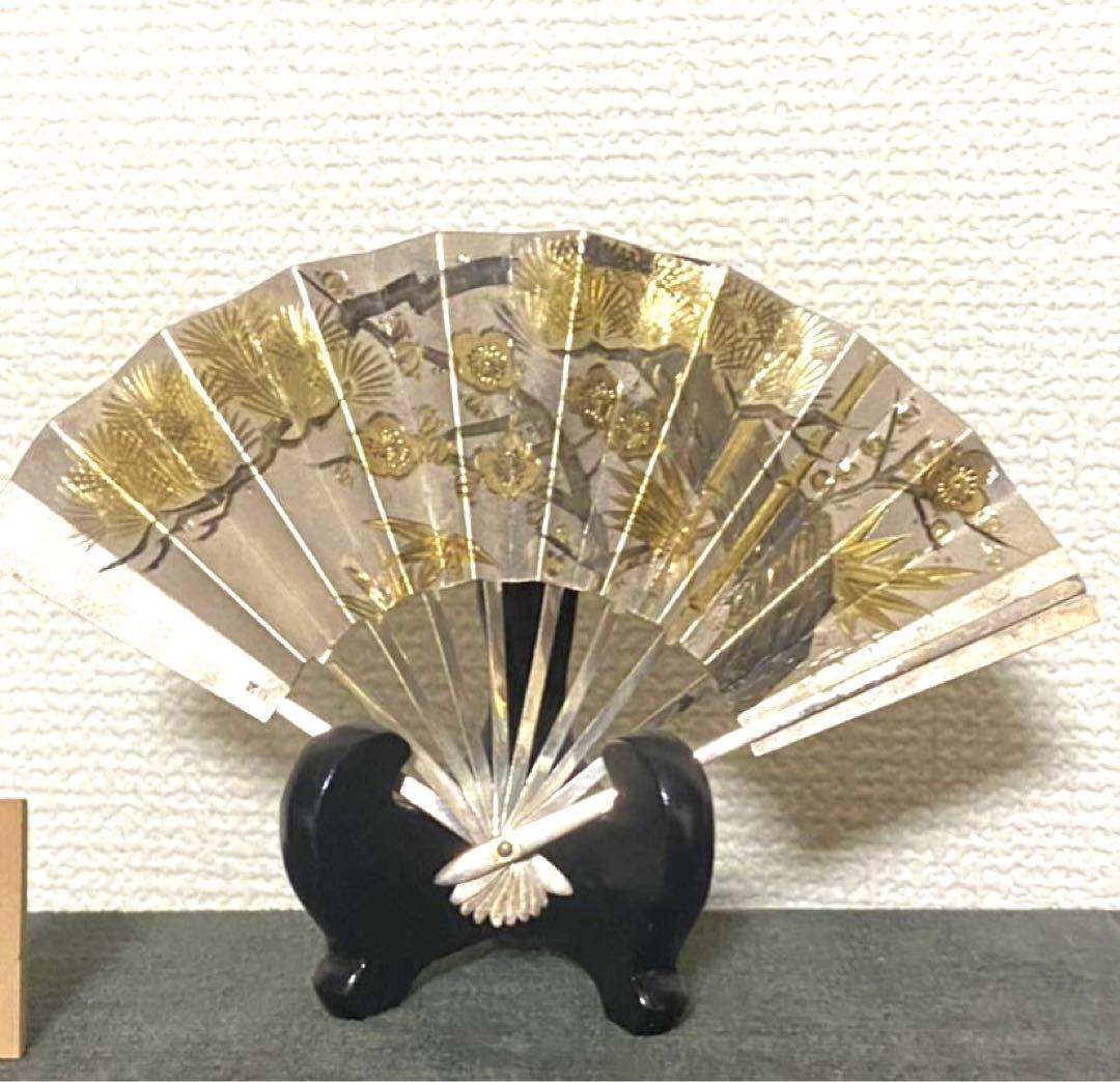 武比古作 純銀製 扇 松竹梅 7号 ガラスケース付置物 緣起物