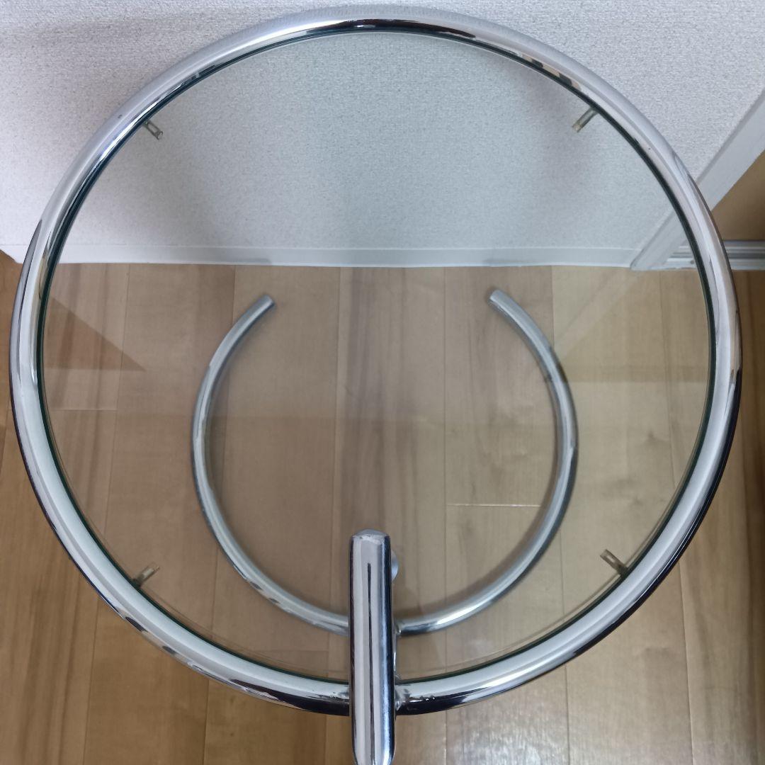 モダン ガラス天板 円形テーブル　円形ガラスサイドテーブル シルバーステンレス
