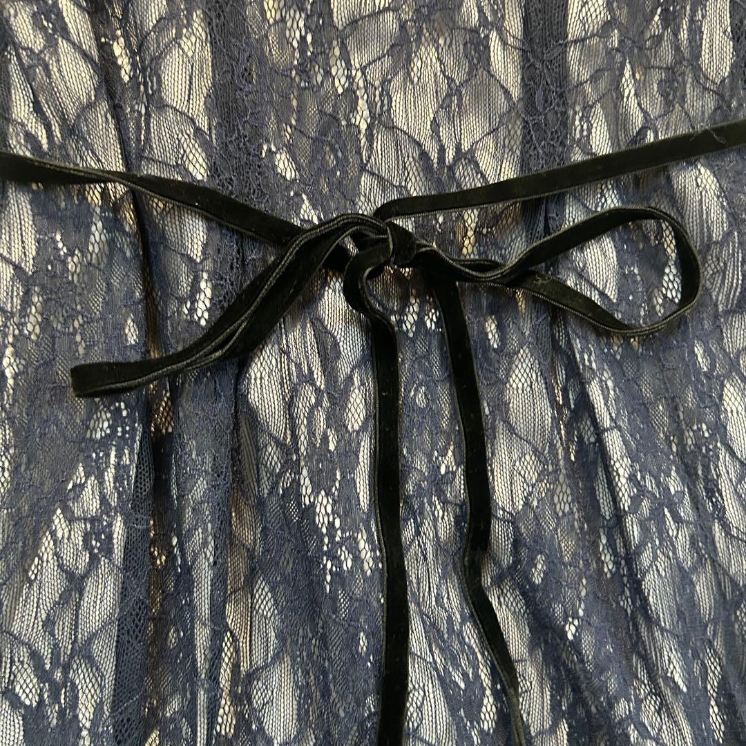 美品【NIANA】ニアナ シアーレース ウエストリボンドレス 長袖ワンピース L