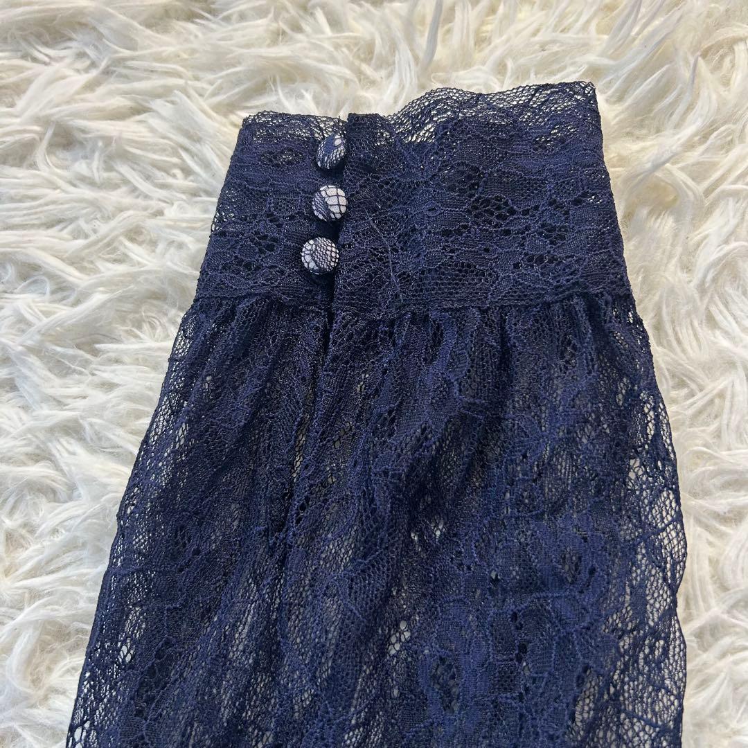 美品【NIANA】ニアナ シアーレース ウエストリボンドレス 長袖ワンピース L