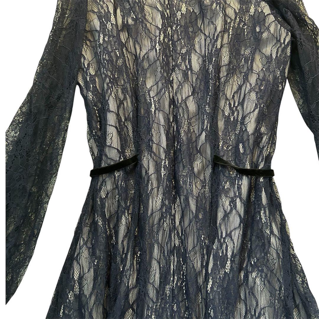 美品【NIANA】ニアナ シアーレース ウエストリボンドレス 長袖ワンピース L