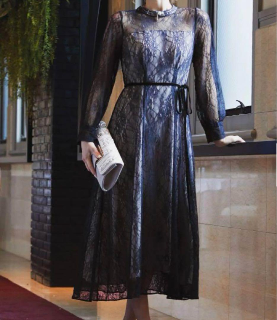 美品【NIANA】ニアナ シアーレース ウエストリボンドレス 長袖ワンピース L