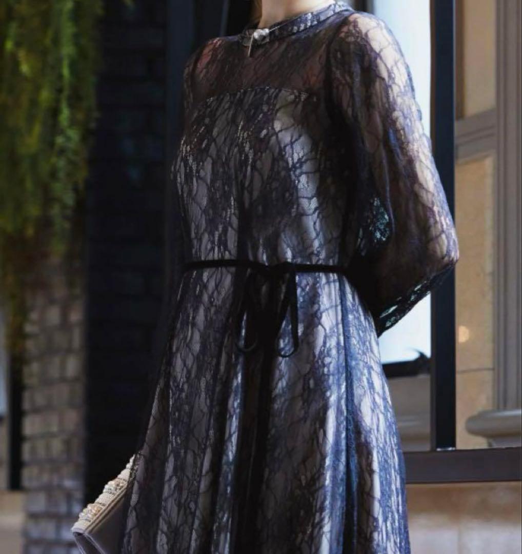 美品【NIANA】ニアナ シアーレース ウエストリボンドレス 長袖ワンピース L