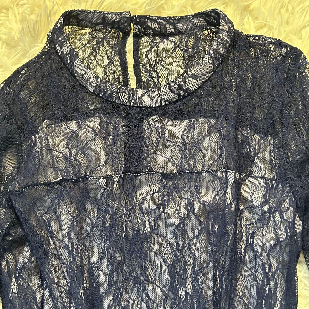 美品【NIANA】ニアナ シアーレース ウエストリボンドレス 長袖ワンピース L