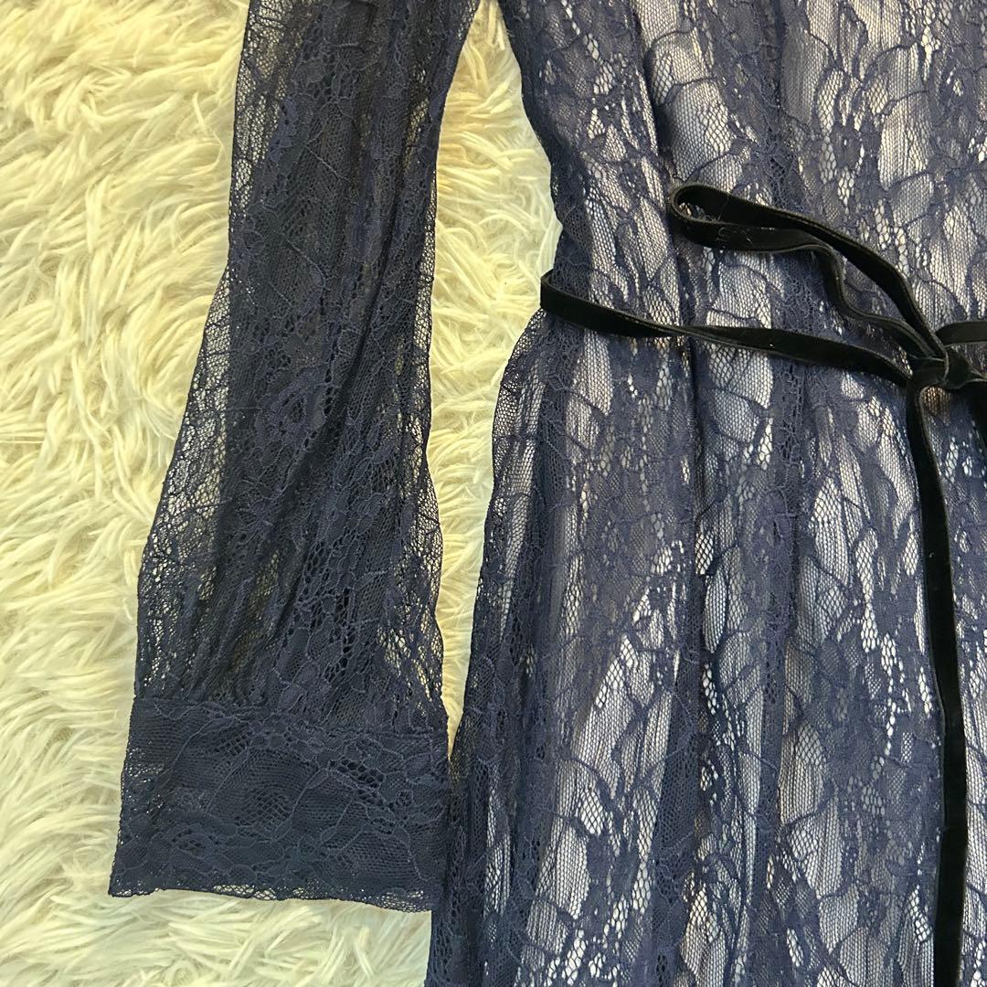 美品【NIANA】ニアナ シアーレース ウエストリボンドレス 長袖ワンピース L