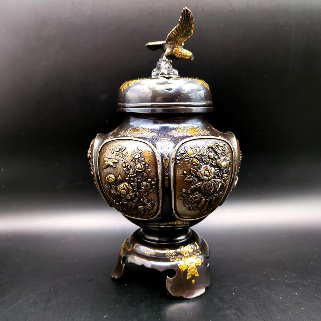 高岡銅器 瑞峰堂 大峰 花鳥文 銅製 香炉 証 共箱付 六面花鳥図 蝋型鋳銅