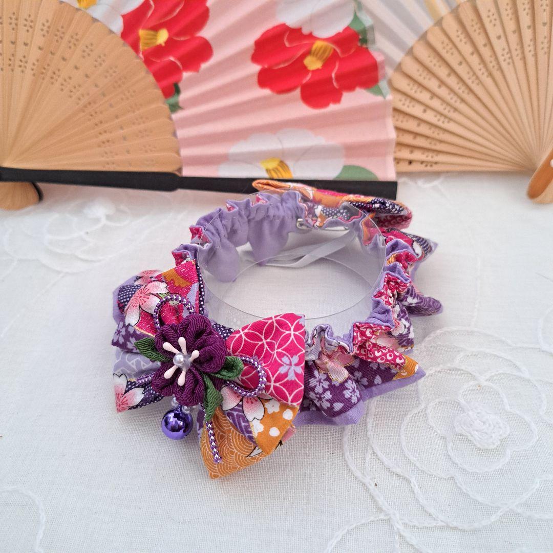 和風短毛シュシュ、わんちゃん猫ちゃん用 短毛シュシュ(ピンク×黒)つまみ