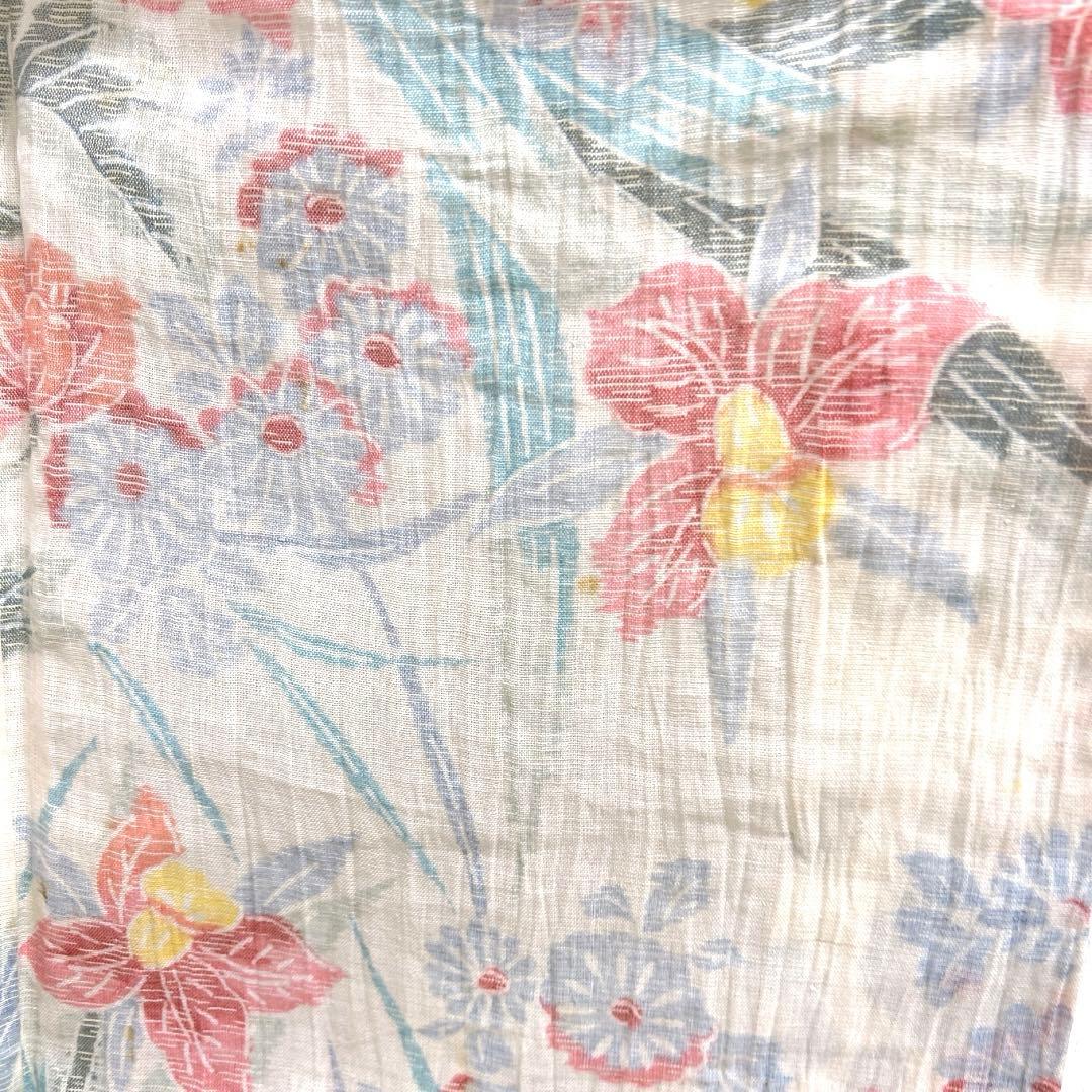 小紋　小千谷ちぢみ　麻　花模様　菊　牡丹　オフホワイト　着物　074a d